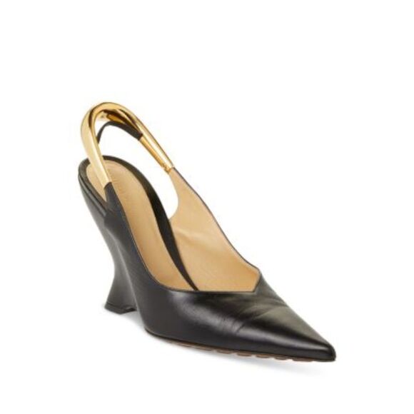 BOTTEGA VENETA Shoes - BOTTEGA VENETA Womens Black Gold Tone Slingback Strap Punta Wedge Slingback 37.5